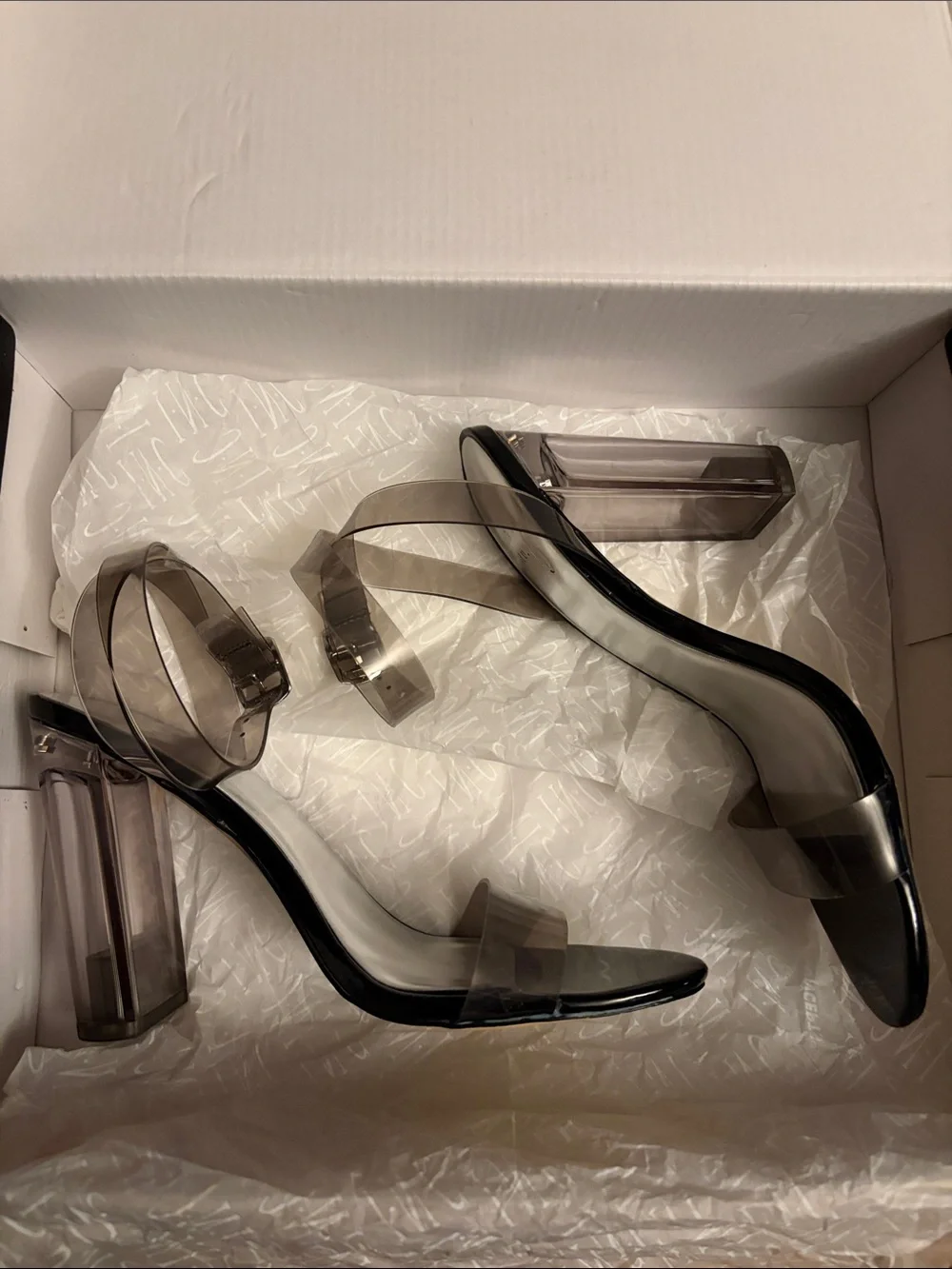 ONLY WORN ONCE!!!- Mi Black Patent Block Heel Sandals with Clear Straps